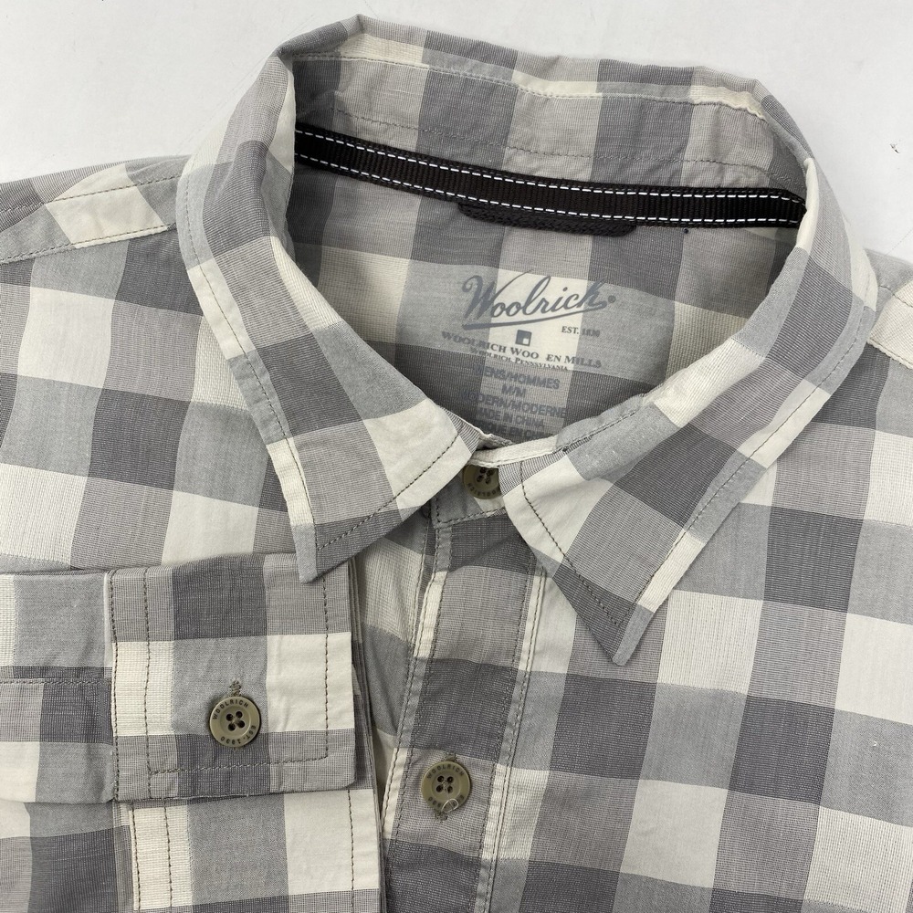Woolrich Button Down Shirt Mens M Grey Buffalo Check Modern Fit Long Sleeve 6403